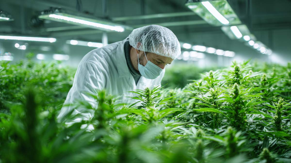 cannabis-hersteller-plantage-doku-foto-schadlinge-mann-schaut-blueten-an