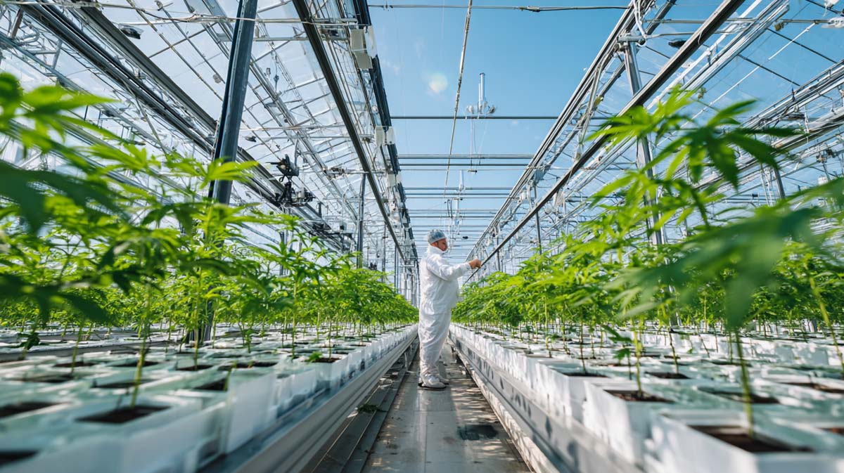 Cannabis Manufacturer Plantage Doku Foto Glasdach Sonnenlicht Natural