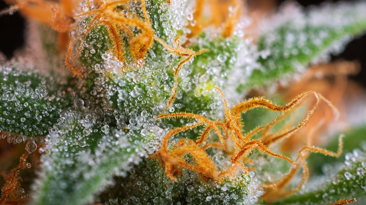Terpene Cannabis Bluete Nahaufnahme Zoom Faden Tropfen Effect